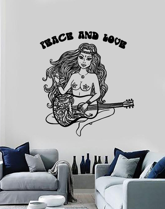 Large Vinyl Decal Wall Sticker Beautiful Hippie Naked Girl with Guitar (n1066)