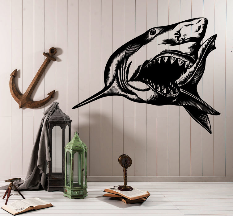 Large Vinyl Wall Decal Animal Big Aggressive Shark Ocean Sticker (n1107)