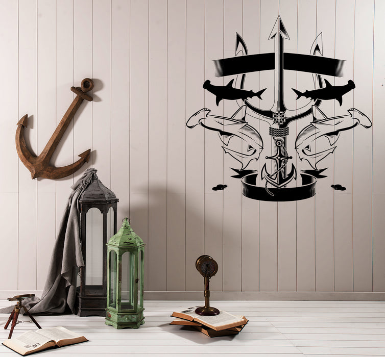 Wall Vinyl Decal Anchor Shark Sea Ocean Animals on Trident Crest Unique Gift (n1159)