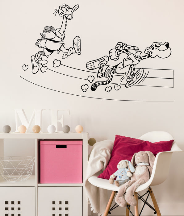 Grand autocollant mural en vinyle, animaux amusants, autruche et guépard sur tapis roulant, cadeau unique (n1209)