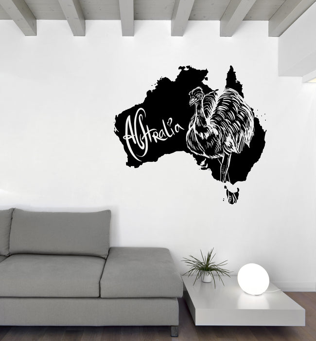 Виниловая наклейка на стену Эму как австралийский символ на карте Австралии Уникальный подарок (n1211)