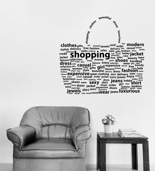 Wall Vinyl Decal Sticker Fashion Shopping Bag with Words Cloud Unique Gift (n1223)