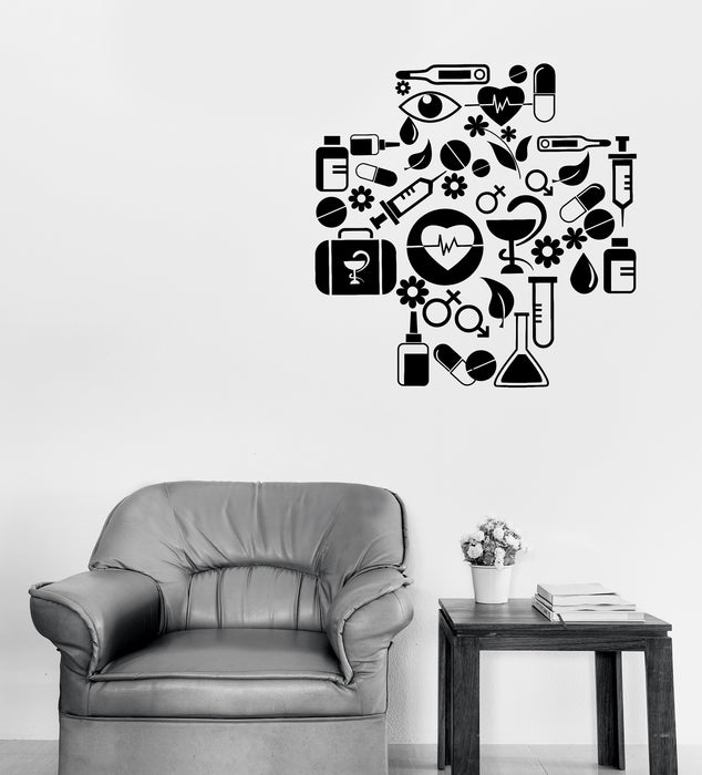 Unique Gift Wall Vinyl Decal Medical Cross With Health Icons Sticker Decor (n1229)