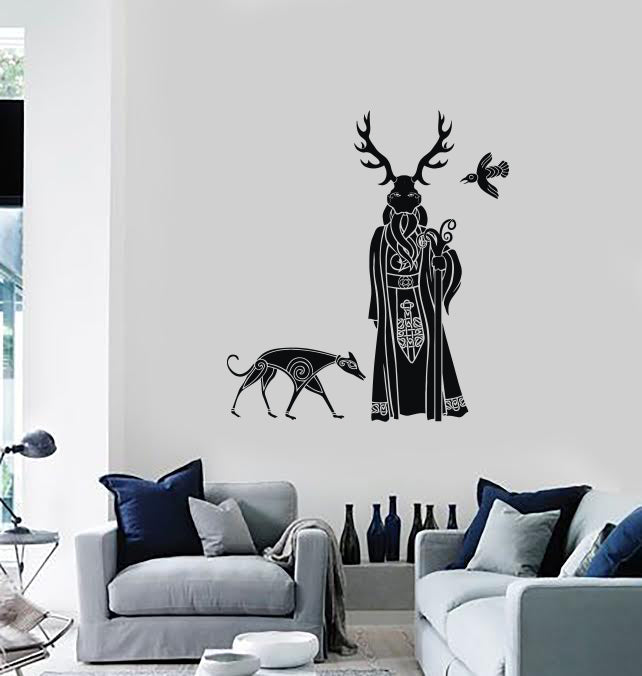 Wall Vinyl Interior Decal Druid in Ritual Mask with Wolf and Bird Unique Gift (n1239)