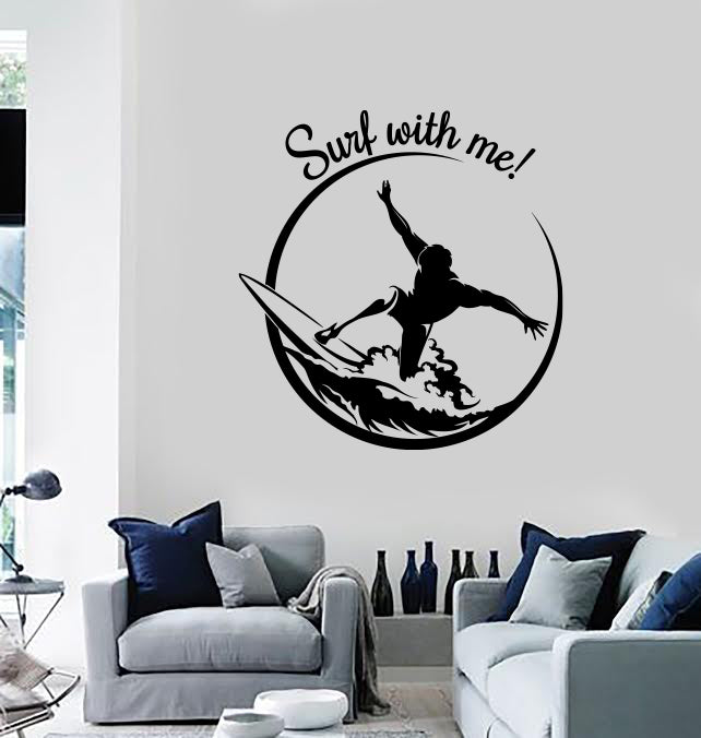 Wall Vinyl Decal Emblem Serfer Words Quotes Surf with Me Decor Unique Gift (n1265)