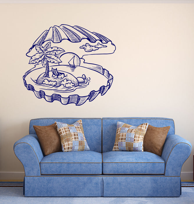 Autocollant mural en vinyle Motif coquillages, paysage marin, soleil, palmier, yacht, décoration cadeau unique (n1268)