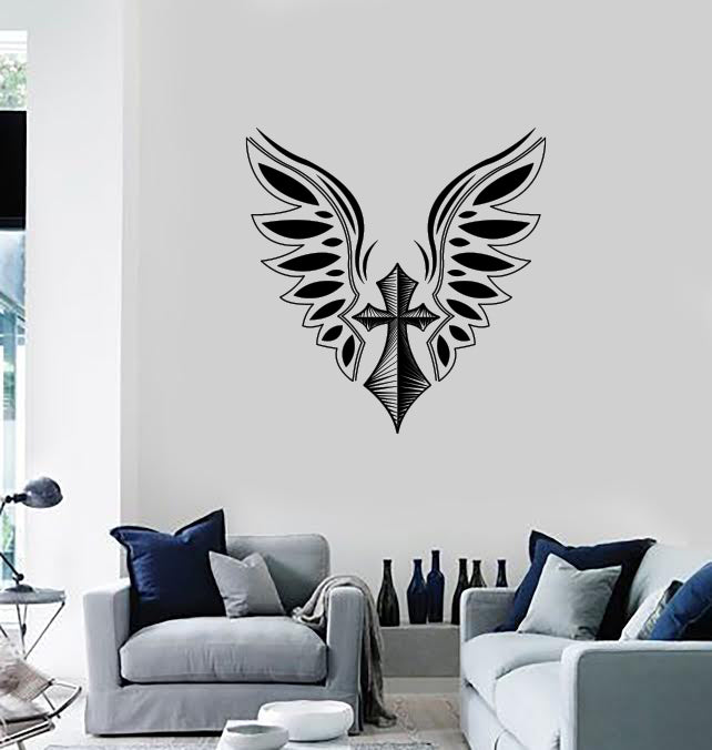 Wall Vinyl Decal Sticker Cross and Wings Tattoo Style Romantic Decor  Unique Gift (n1283)
