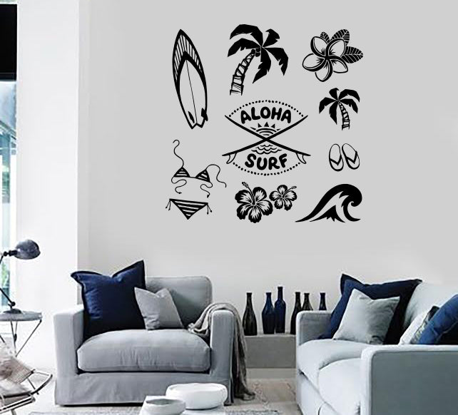 Large Wall Vinyl Decal Aloha Tropical Surfing Relax Symbols Set Sticker Unique Gift (n1292)