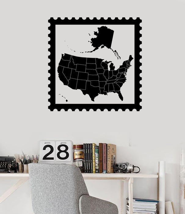 Wall Vinyl Decal USA Map on Postage Stamp Vintage Style Decor Unique Gift (n1298)