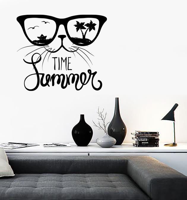 Wall Vinyl Decal Cat in Sunglasses Words Time Summer Home Decor Unique Gift (n1304)