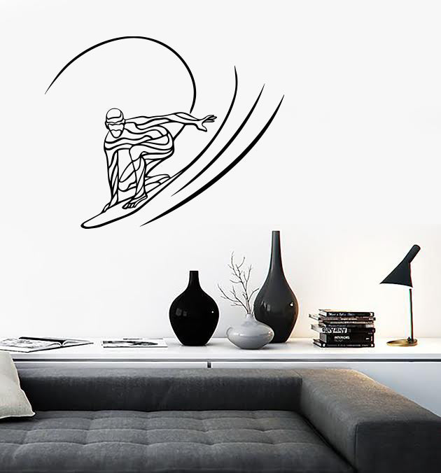 Vinyl Decal Wall Sticker Ocean Waves Extreme Sport Silhouette of Surfer Unique Gift (n1325)
