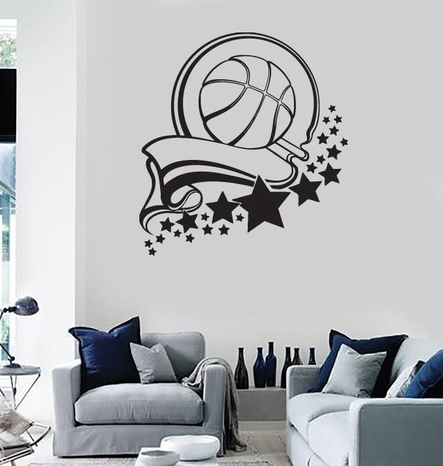 Autocollants muraux en vinyle pour le sport, le basket-ball, la victoire, le ruban, les étoiles, cadeau unique (n236)