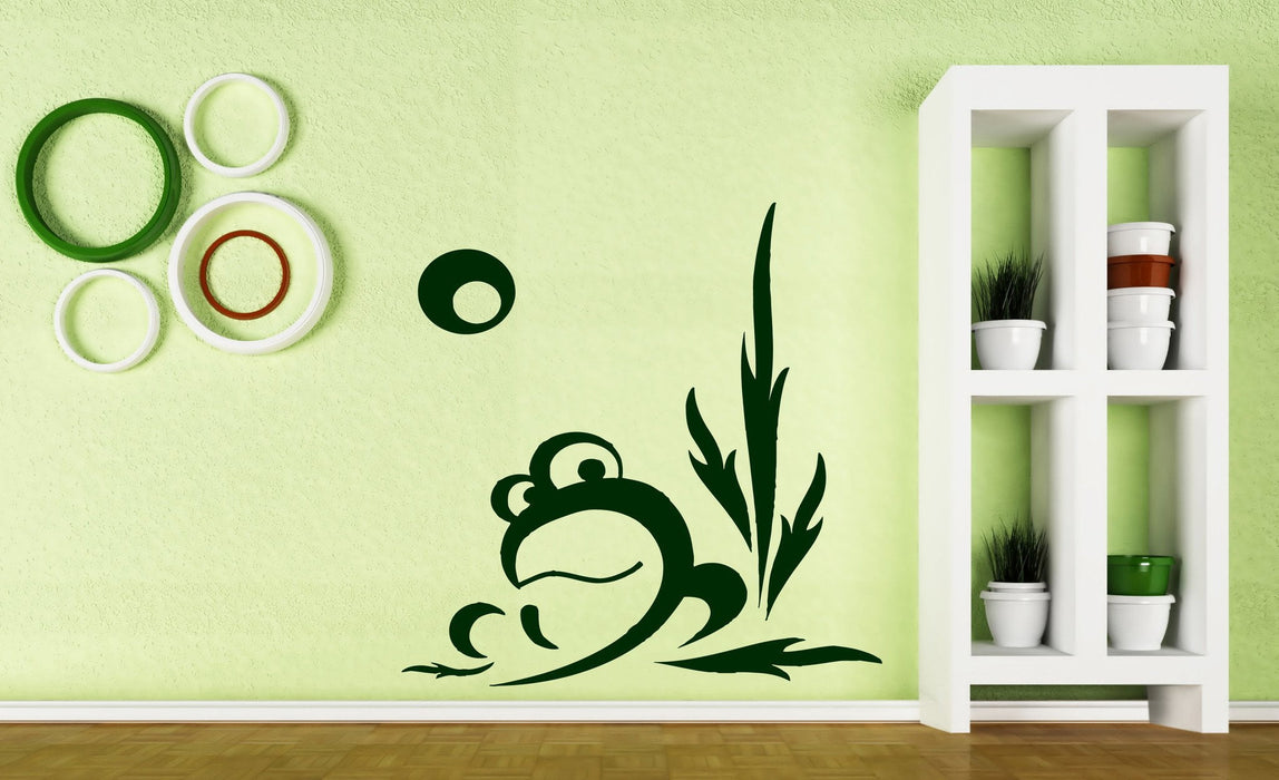 Vinyl Decal Cartoons for Kids Wall Stickers Curious Frog Croaking Swamp Cane Moon Night Unique Gift (n357)