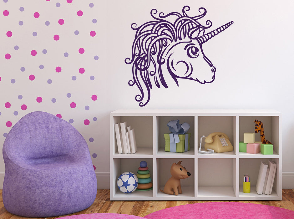 Vinyl Decal Kids DECOR Wall Stickers Animation Cute Unicorn Head Muzzle Luxurious Mane Unique Gift (n362)