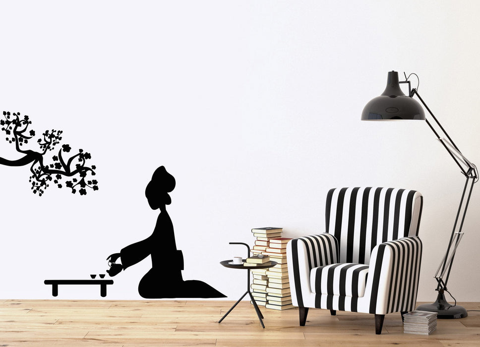 Vinyl Decal Oriental Wall Stickers Geisha and Japanese Tea Ceremony Cherry Blossoms Unique Gift (n373)