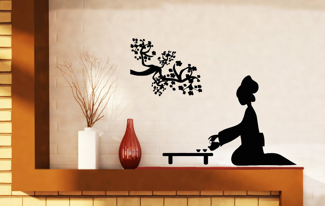 Vinyl Decal Oriental Wall Stickers Geisha and Japanese Tea Ceremony Cherry Blossoms Unique Gift (n373)