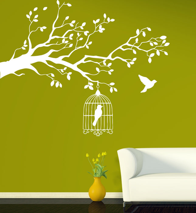 Vinyl Decal Animals and Birds Wall Stickers Caged Bird Tree Branch Let Bird Free Unique Gift (n388)