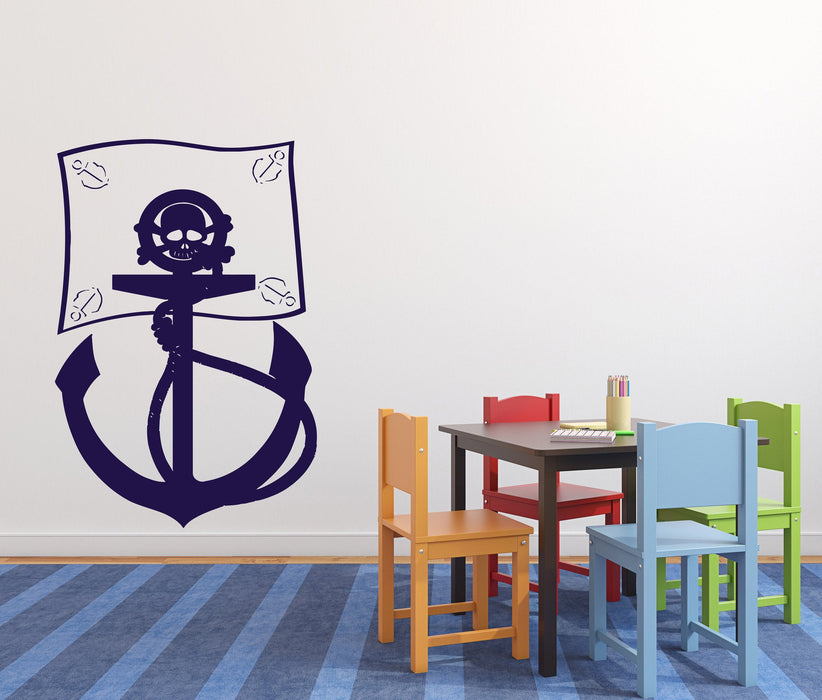 Vinyl Decal Сartoon Wall Sticker Pirate Flag Sea Bandits Anchor Skull Bones Unique Gift (n389)