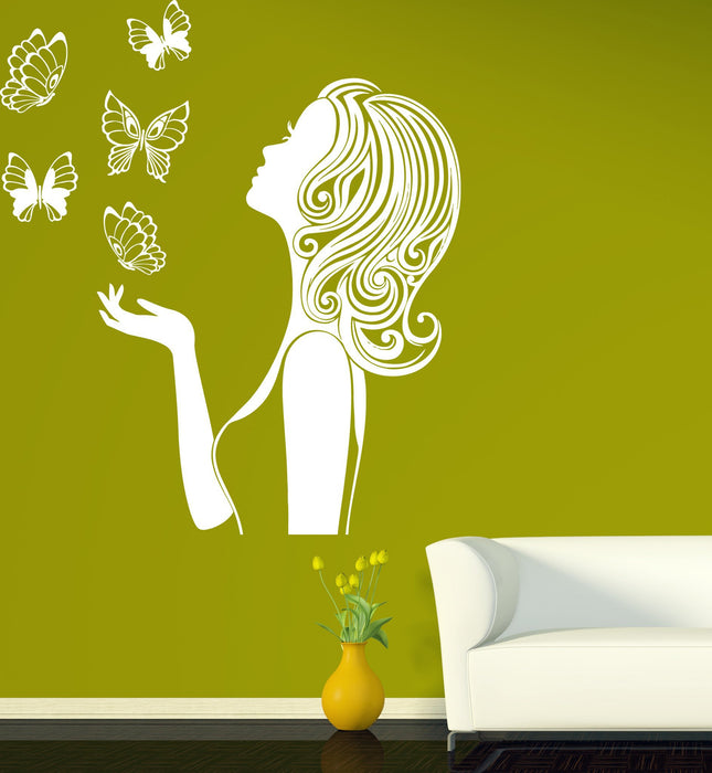 Autocollant mural en vinyle pour décoration de beauté, belle silhouette de fille, papillon inspiré de la beauté, cadeau unique (n401)