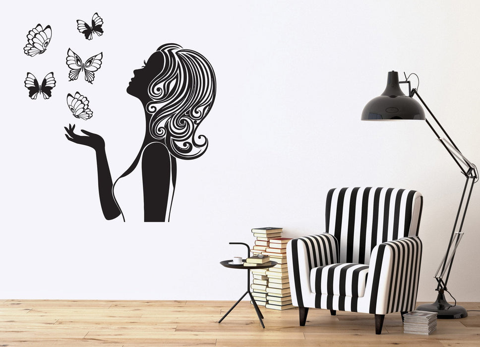 Vinyl Decal Beauty Decor Wall Stickers Beautiful Girl Silhouette Butterfly Inspired Beauty Unique Gift (n401)