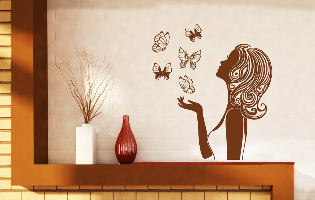 Vinyl Decal Beauty Decor Wall Stickers Beautiful Girl Silhouette Butterfly Inspired Beauty Unique Gift (n401)