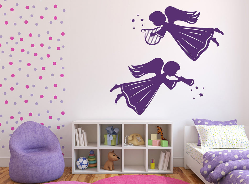 Vinyl Decal Angels and Saints Decor Wall Stickers Angels Winged Beings Harp Light Pipe Unique Gift (n405)