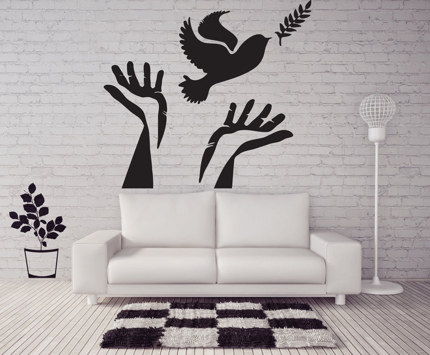 Vinyl Decal Symbol of Peace Wall Stickers Dove Olive Branch Hands Unique Gift (n437)