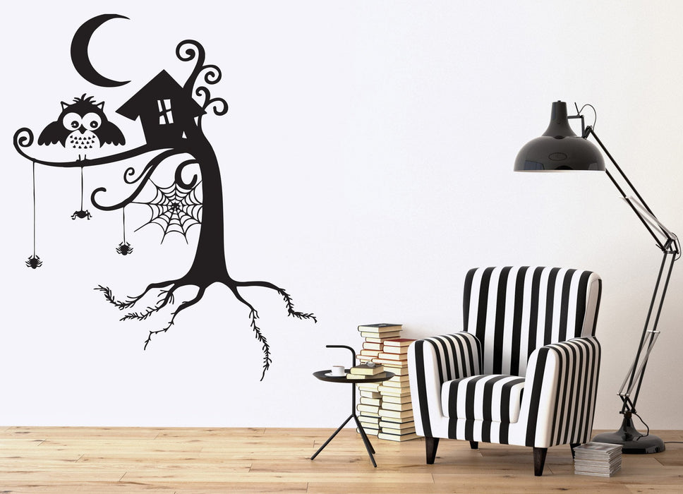 Vinyl Decal Animal Wall Stickers Fairy Story Tree Forest Spider Web Owl Night Moon Unique Gift (n468)