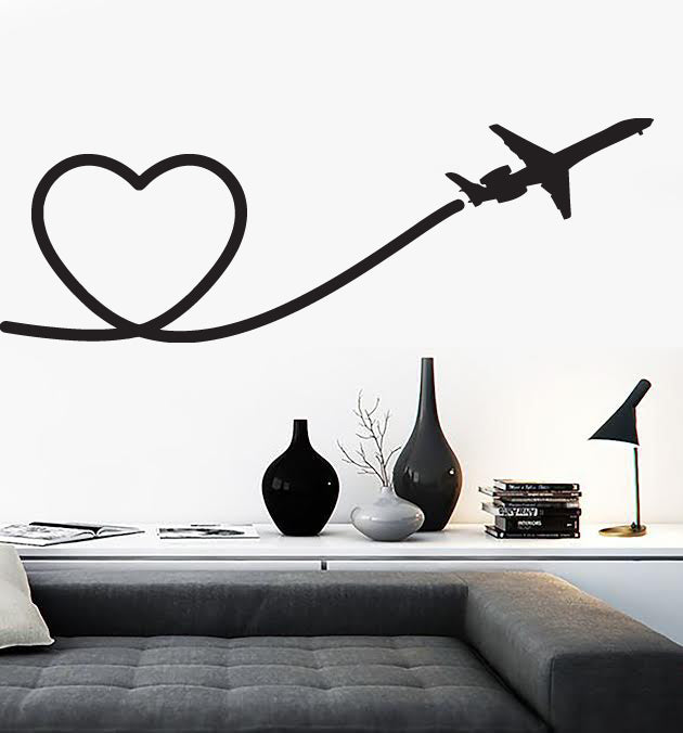 Vinyl Decal Wall Sticker Flying Plane Trail of Heart Love Romantic Decor (n512)