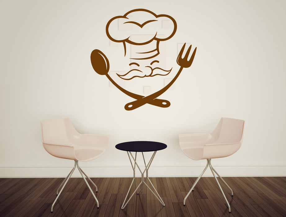 Large Vinyl Decal Cheerful Chef Master Chef Fork Spoon Wall Sticker (n577)