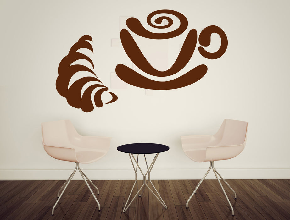Vinyl Decal Breakfast Coffee Cup Tea Croissant Bun Wall Sticker (n599)