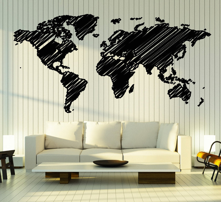 Vinyl Decal Wall Sticker World Map Continents Technique of Hatching Decor Unique Gift (n799)