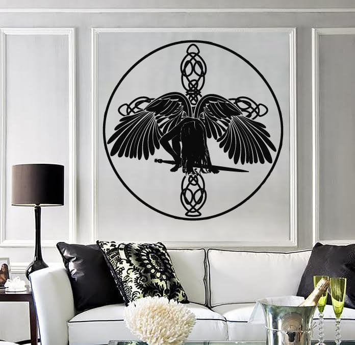 Vinyl Decal Wall Sticker Celtic Angel with Wings and Sword of the Cross Unique Gift (n801)