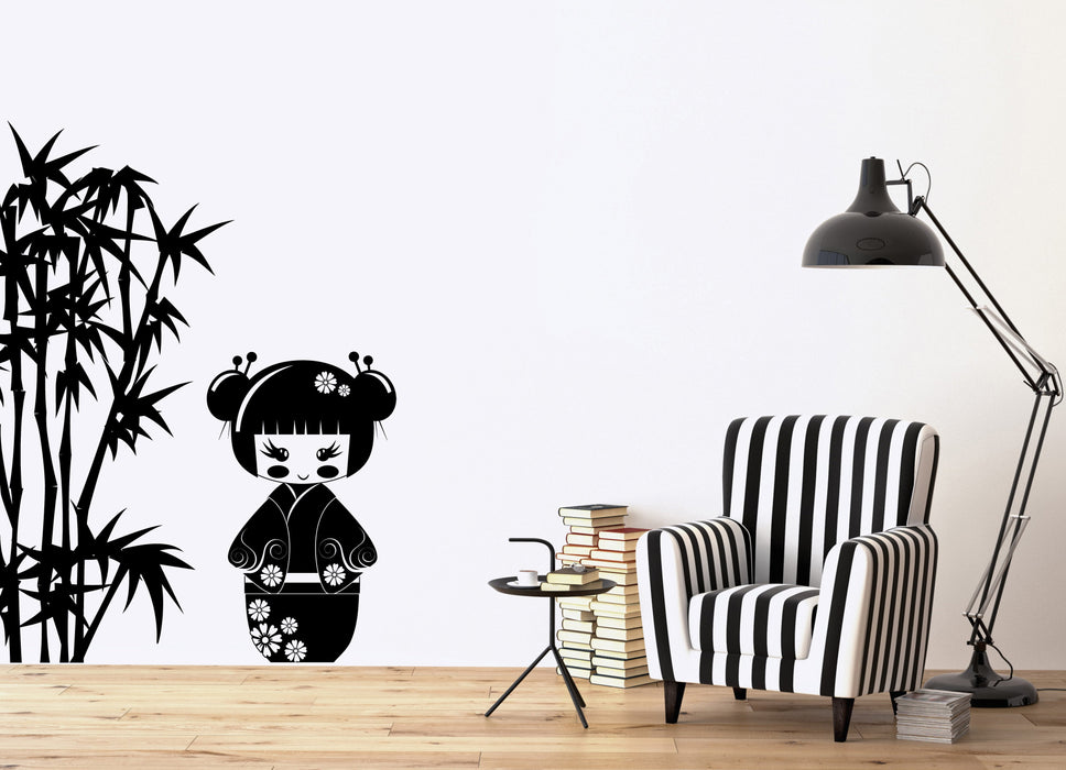 Vinyl Decal Kokeshi Japanese Doll Bamboo Branches Wall Sticker for Kids Room Unique Gift (n807)
