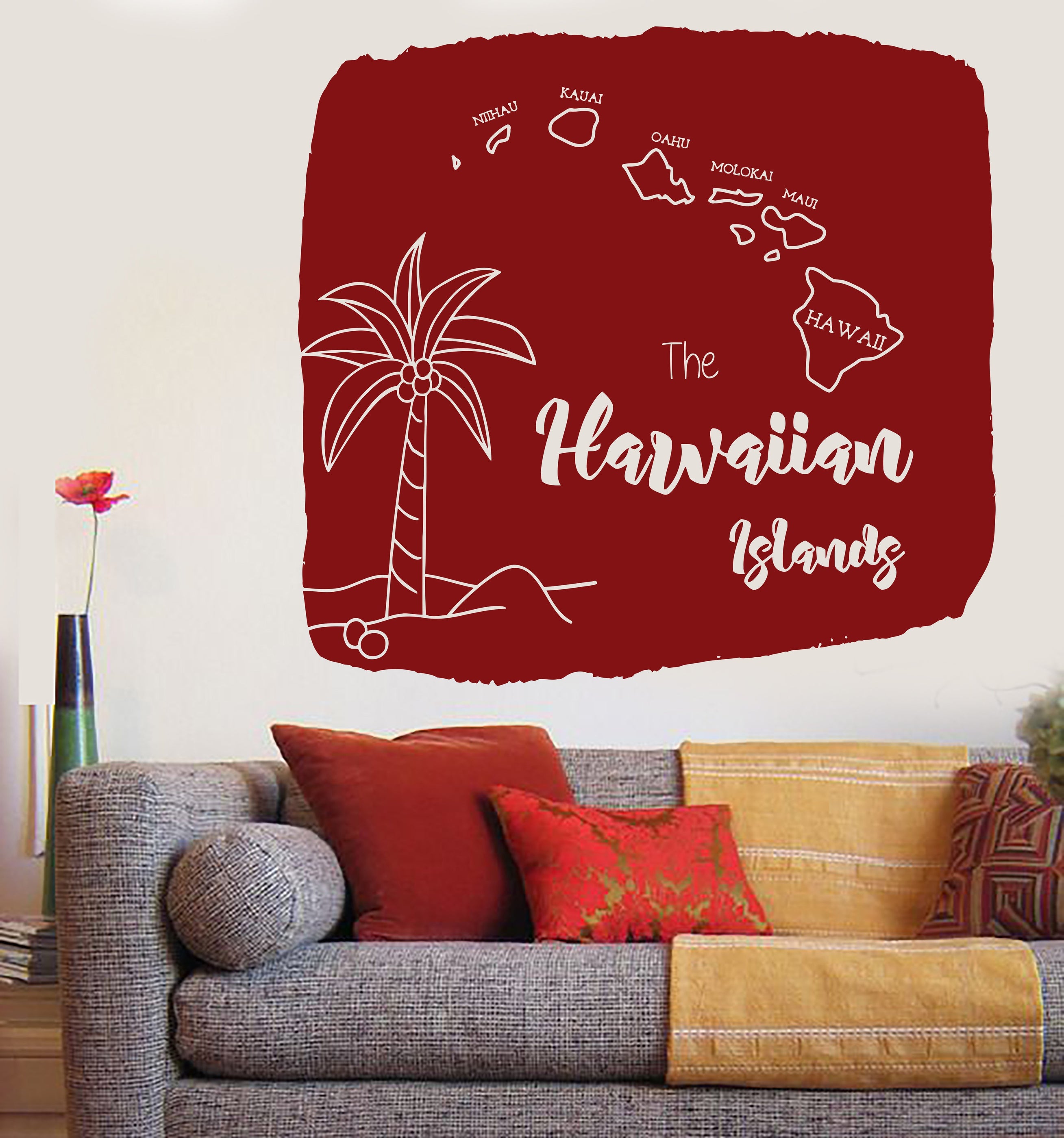 Large Wall Vinyl Decal Map of Hawaiian Islands Palm Tropical Decor (n8