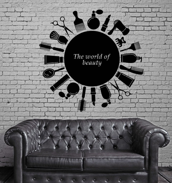 Large Vinyl Decal Symbol Beauty Hair Salon Wall Sticker with Text in Circle (n829)
