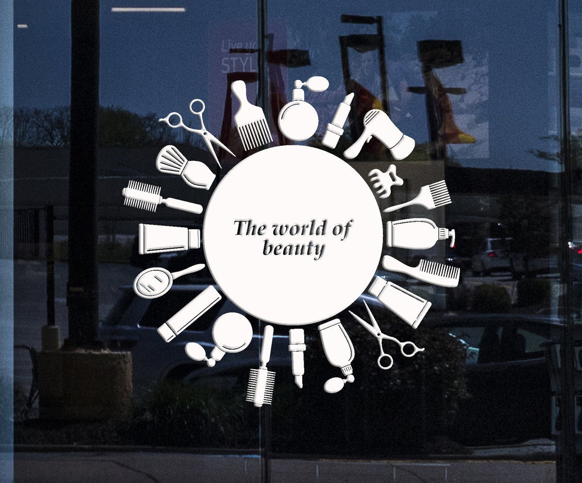 Window Vinyl Decal Symbol Beauty Hair Salon Wall Sticker with Text in ...
