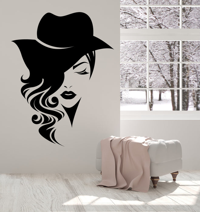 Large Vinyl Decal Wall Sticker Logotype Women Face Long Hair with Hat (n969)