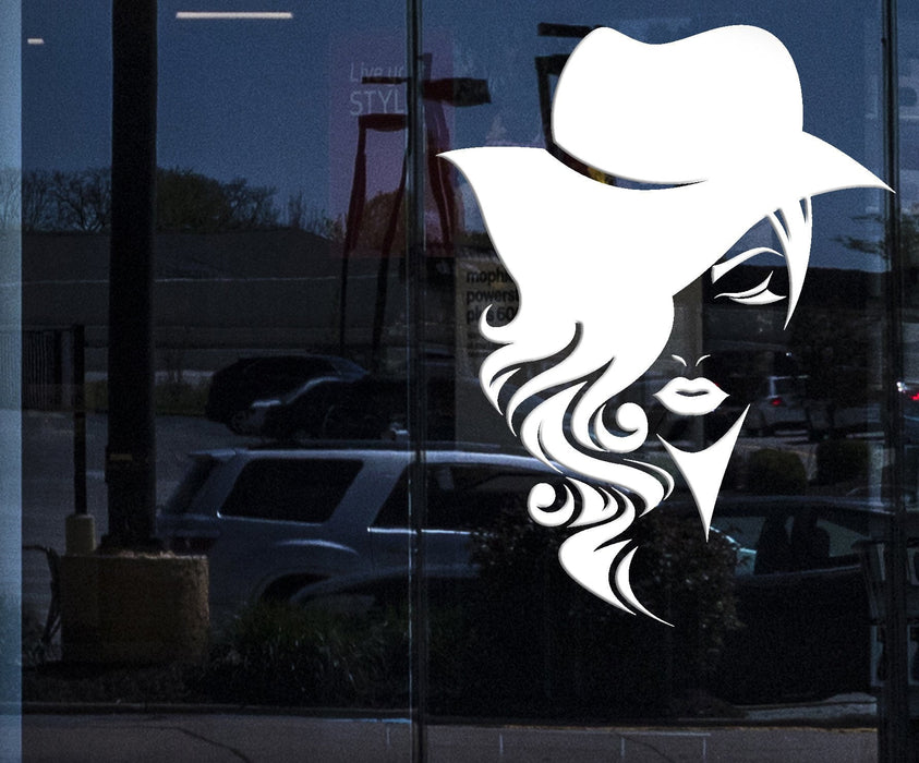 Window Vinyl Decal Wall Sticker Logotype Women Face Long Hair with Hat (n969w)