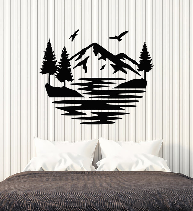 Vinyl Wall Decal Mountains Pines Landscape Camper River Stickers Mural (g7241)