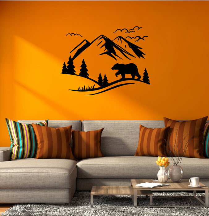 Nature Vinyl Wall Decal Bear Mountains Clouds Trees Stickers Mural (k270)