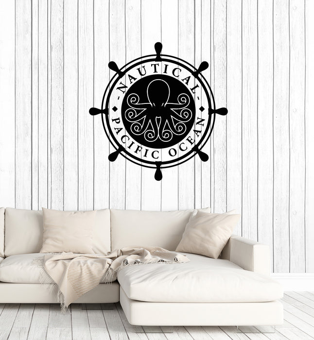 Vinyl Wall Decal Nautical Pacific Ocean Steering Wheel Octopus Stickers Mural (g3913)