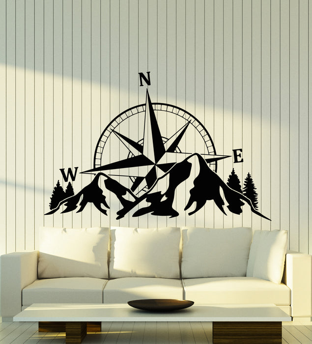 Vinyl Wall Decal Compass Rose Wind Silhouette Mountains Stickers Mural (g8006)