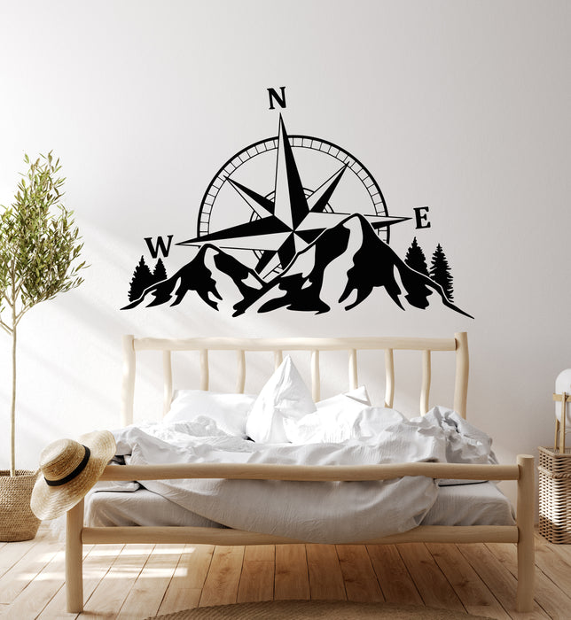 Vinyl Wall Decal Compass Rose Wind Silhouette Mountains Stickers Mural (g8006)
