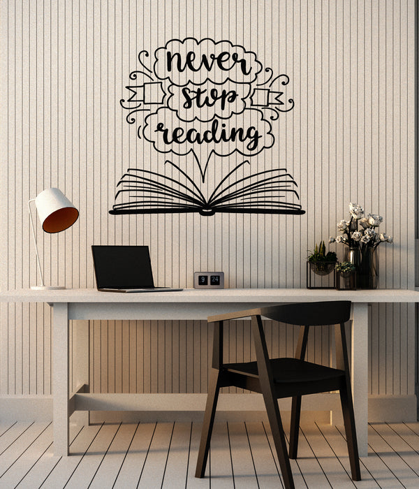 Vinyl Wall Decal Never Stop Reading Quote Open Book Library Stickers Mural (g6809)