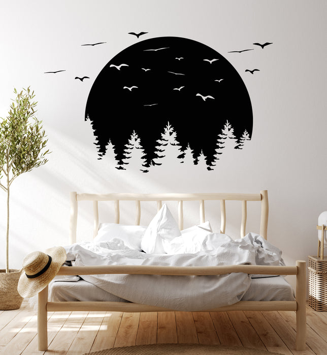 Vinyl Wall Decal Night Camping Logo Fir Forest Moon Birds Stickers Mural (g8015)