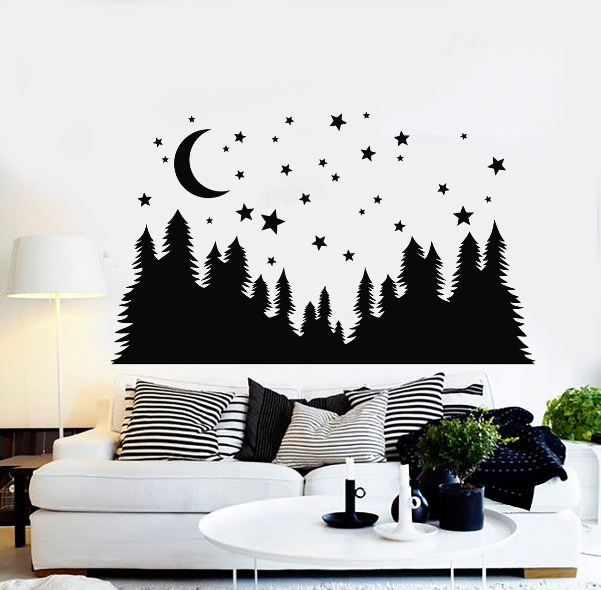 Vinyl Wall Decal Night Crescent Moon Stars Fir Trees Forest Stickers M ...