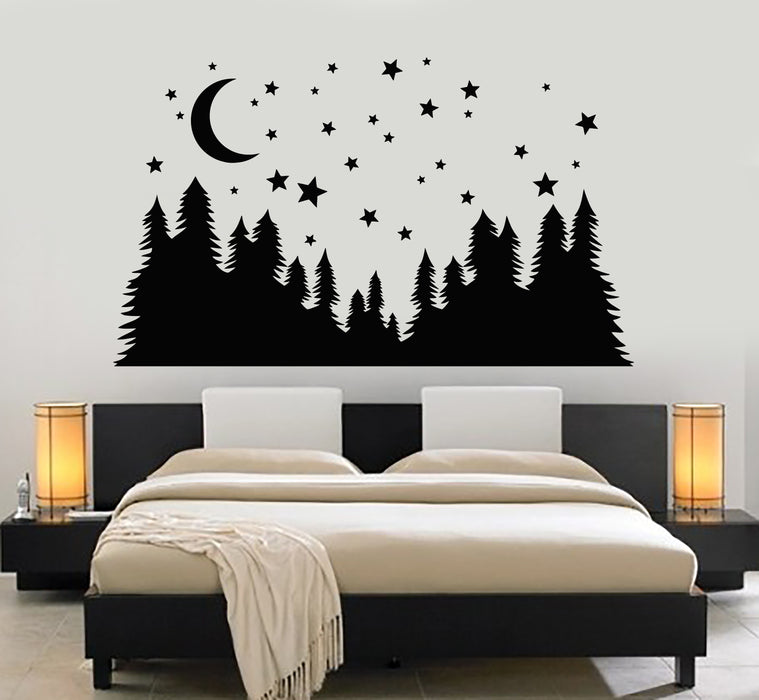 Vinyl Wall Decal Night Crescent Moon Stars Nature Forest Fir Trees Bedroom Stickers Mural (g5105)