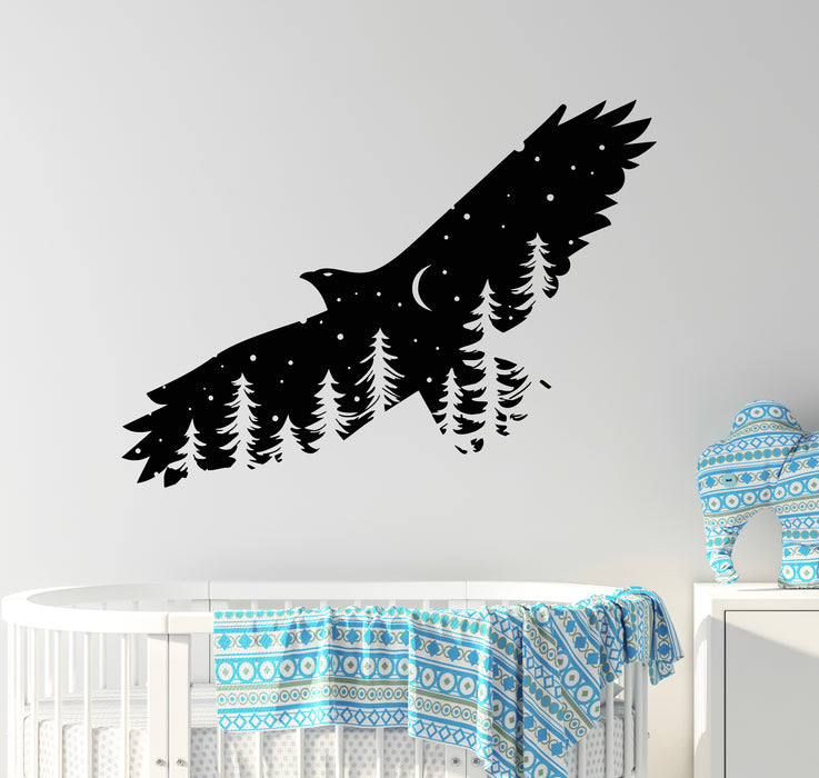 Vinyl Wall Decal Eagle Silhouette Fir Trees Night Sky With Moon Stickers Mural (g7353)