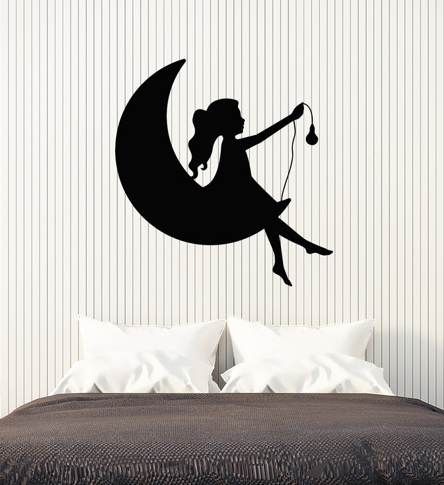 Vinyl Wall Decal Crescent Moon Fairy Girl Sitting Nursery Decor Stickers Mural (g7659)